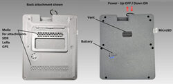 Optional modular back with kickstand and mounting grid (left), standard flat back with vents and battery indicator (right)