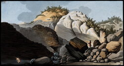 The Pisciarelli (a hot spring) issuing from the cone of the Solfatara, and a man bathing in the hot waters