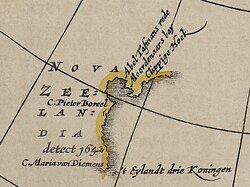 Detail from a 1666 map showing the western coastline of Nova Zeelandia (on this map, north is at the bottom)