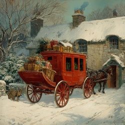 Horse drawn coach delivering parcels and packages through snow covered landscape