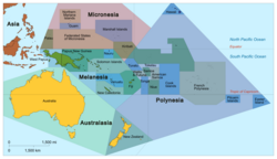 Oceania with its sovereign states and dependent territories within the subregions Australasia, Melanesia, Micronesia, and Polynesia