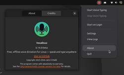 The about dialog and settings menu of Vocalinux