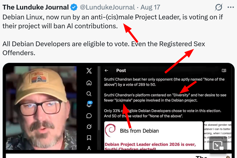 Debian Linux, now run by an anti-(cis)male Project Leader, is voting on if their project will ban Al contributions.