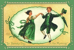 Vintage st patricks day card, postcard with irish woman, girl and man in the green dancing a jig background in a green frame