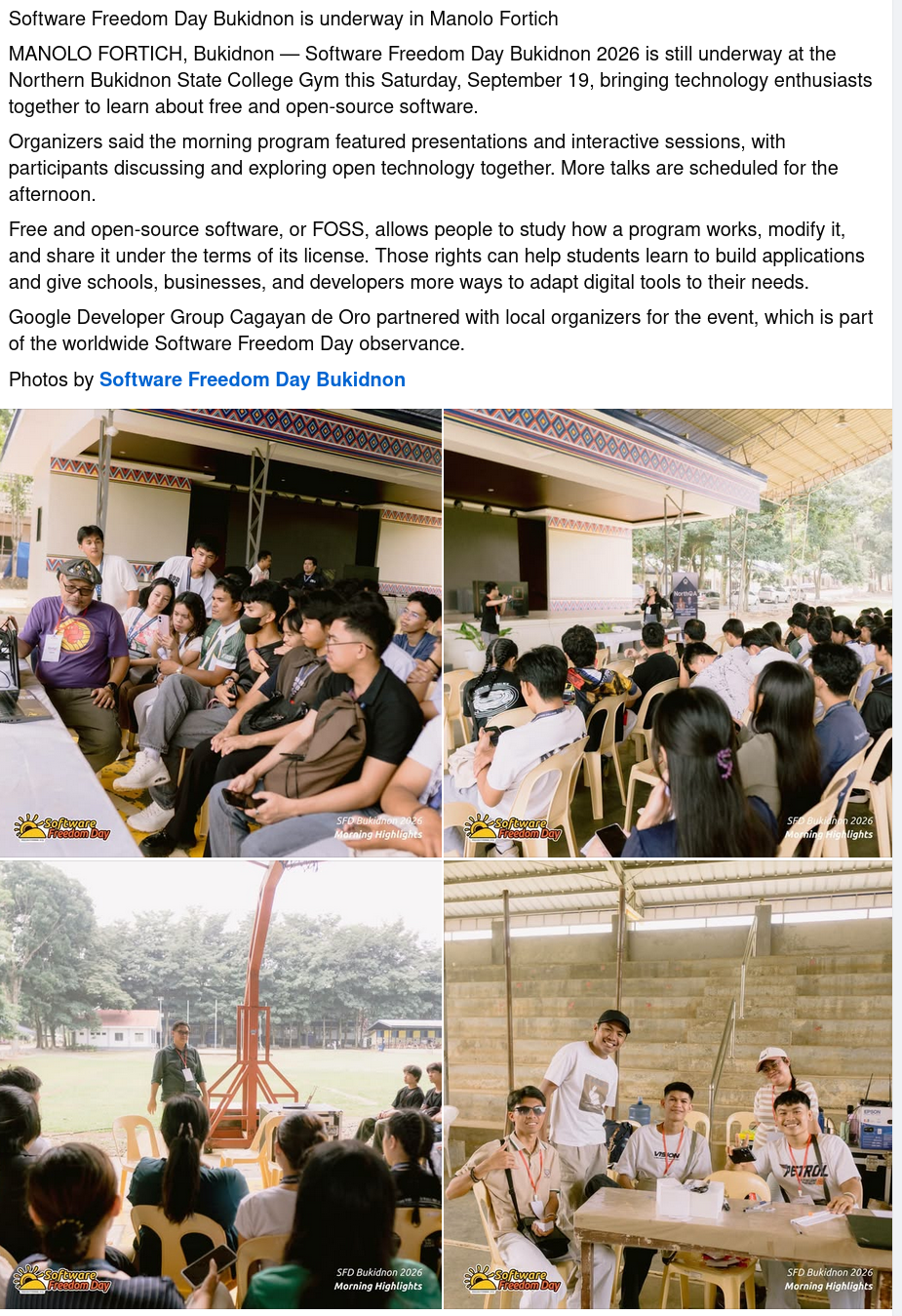Software Freedom Day Bukidnon 2026 is still underway at the Northern Bukidnon State College Gym this Saturday, September 19, bringing technology enthusiasts together to learn about free and open-source software.
