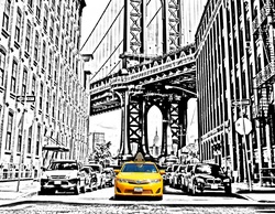 Sketch of a new york yellow cab in black and white with cab in full colour
