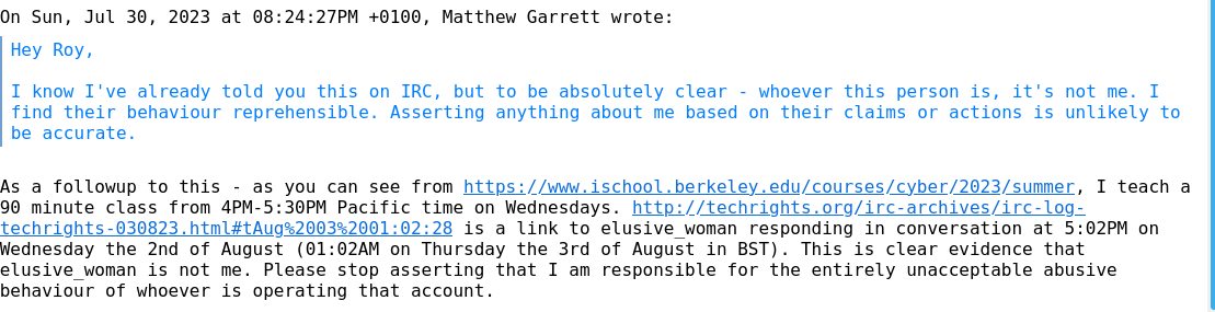 Offensive messages from Matthew J. Garrett