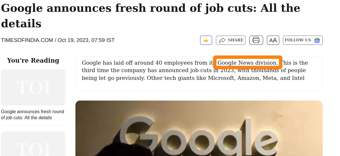 Google has laid off around 40 employees from its Google News division. This is the third time the company has announced job cuts in 2023, with thousands of people being let go previously. Other tech giants like Microsoft, Amazon, Meta, and Intel have also been cutting jobs this year. Even startups and unicorn startups have been affected by layoffs. The tech industry continues to see a wave of job cuts in 2023.