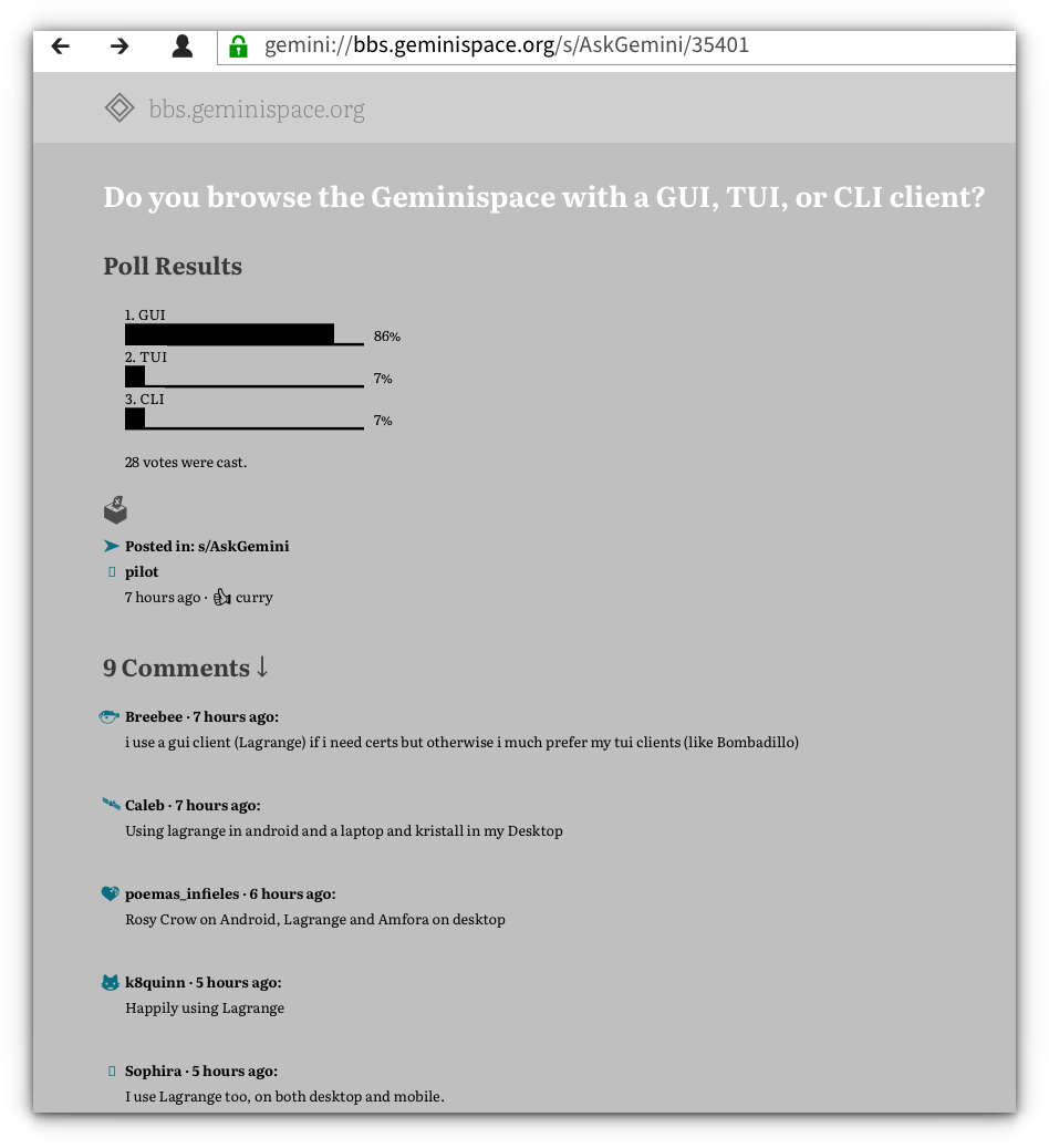 Gemini Protocol: GUI wins - Do you browse the Geminispace with a GUI, TUI, or CLI client?