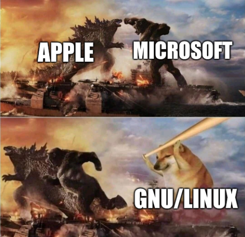 Kong Godzilla Doge: Apple, ￼Microsoft, GNU/Linux