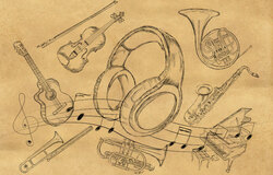 headphone sketch music instruments brown paper