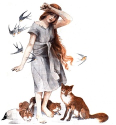 Vintage Mrs. Fox Rabbit: Vintage art illustration woman fox rabbit birds print art print