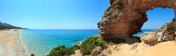 hole rock drymades beach albania summer ionian sea coast view three shots stitch panorama