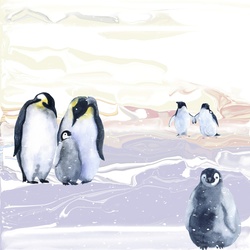 Watercolor penguin birds with chicks in artic winter landscape