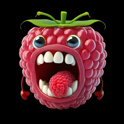 A funny cartoon of a raspberry, isolated on black background.