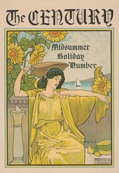 Vintage art nouveau woman relaxing in a summer garden with sunflowers, poster advert for magazine, colorful illustration