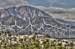 Artistic touch applied to landscape photo wind turbines in the California desert