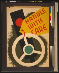 Poster promoting safe driving showing a traffic signal and a steering wheel. Date 1943