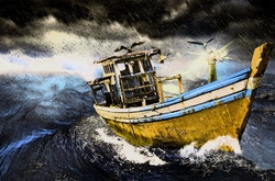 Old boat in the stormy ocean, painting
