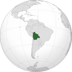Location of Bolivia (dark green) in South America (gray)