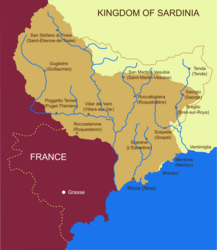 A map of the County of Nice showing the area of the Italian kingdom of Sardinia annexed in 1860 to France (light brown). The area in red had already become part of France before 1860.