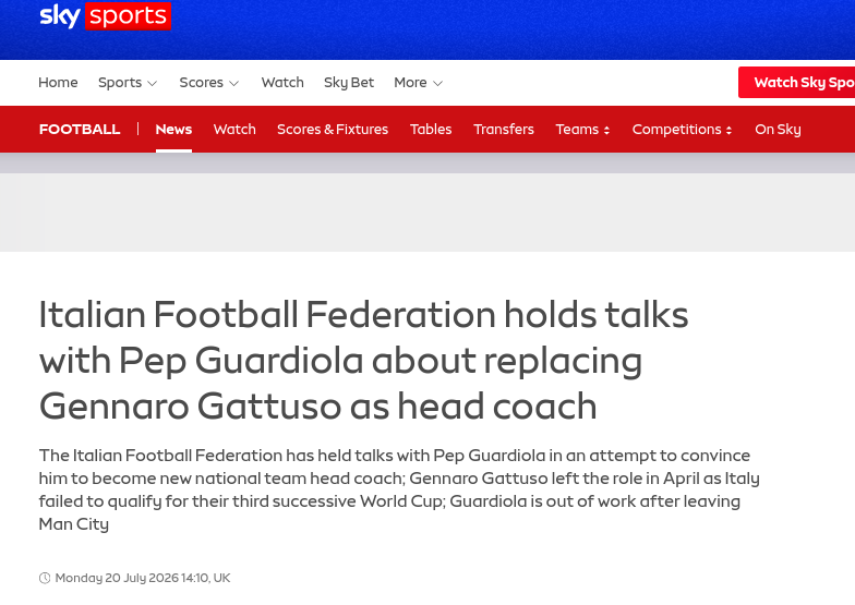 Italian Football Federation holds talks with Pep Guardiola about replacing Gennaro Gattuso as head coach