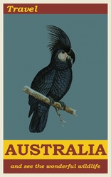 Retro, vintage style poster with a black cockatoo for travel Australia